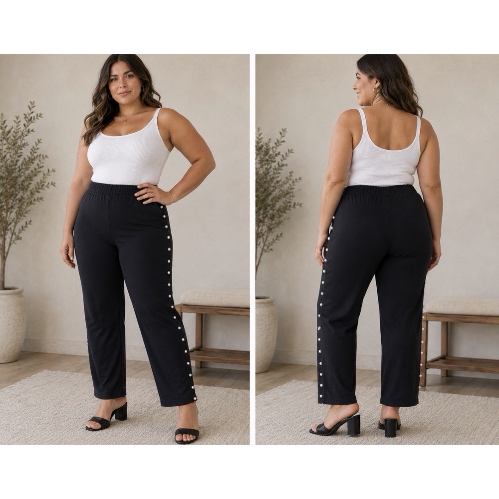 Shein Skinny Pants Womens 2XL Black Elastic Waist Stretch Faux Pearl Beaded